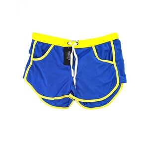 Mens Mesh Athletic Running Shorts Blue Yellow Retro Gym Shorts US L New NWT